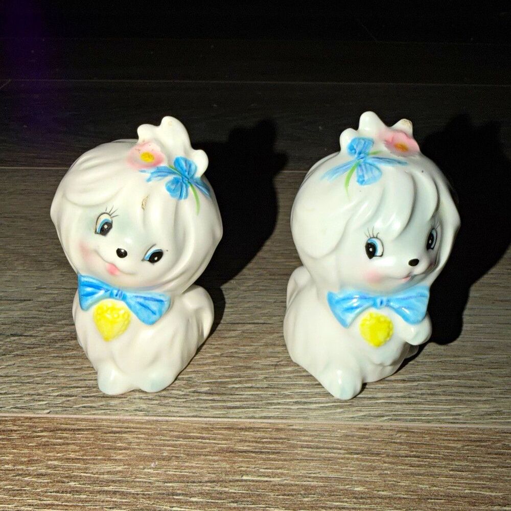 Vintage Lefton Mr. Toodles Dog Salt & Pepper Shakers Maltese Blue Bow Japan